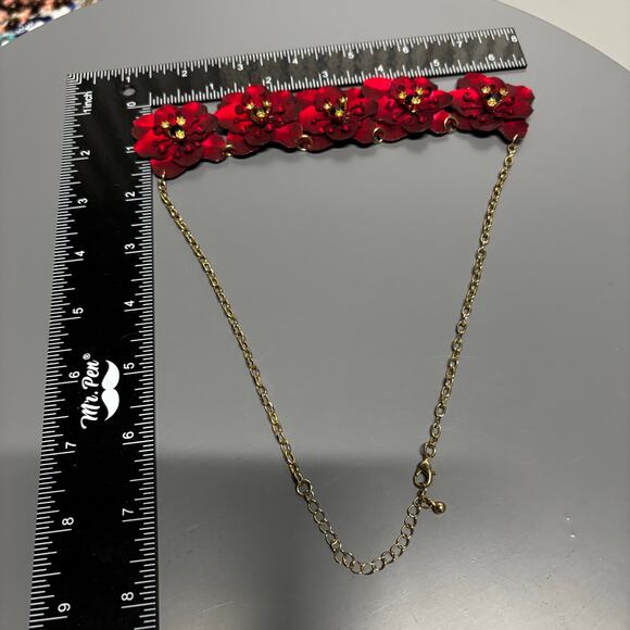 Bold Red Layered Flower Statement Necklace Gold Chain | Glam Floral Jewelry - Picture 13 of 13